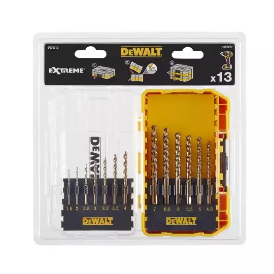 zestaw 13 szt. wierteł do metalu szlifowanych HSS-G Extreme-2, SMALL TOUGH CASE+, DeWALT [DT70710]