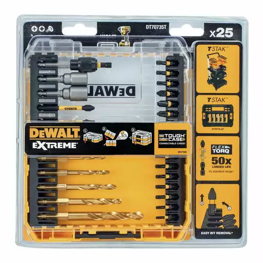 zestaw 25 szt. końcówek udarowych 1/4" IMPACT TORSION EXTREME + wiertła, DeWALT [DT70735T]