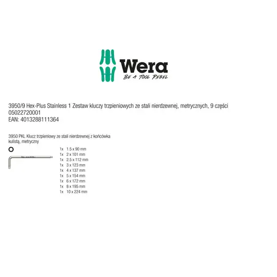 komplet kluczy trzpieniowych ze stali nierdzewnej do śrub imbusowych metryczny [05022720001]