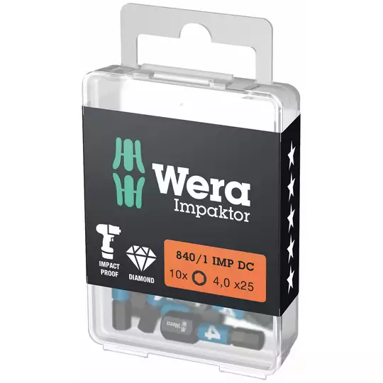Zestaw 10 końcówek udarowych 1/4" do śrub z gniazdem sześciokątnym, rozmiar HEX 4/25mm, serii 840/1 IMP DC Impaktor, WERA [05057604001]