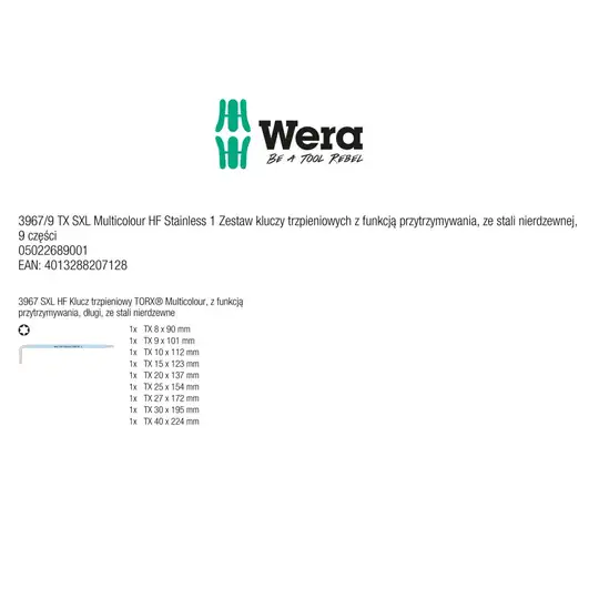 komplet 9 szt. kluczy trzpieniowych ze stali nierdzewnej do śrub Torx z funkcją przytrzymania, Multicolor Stainless Wera [05022689001]