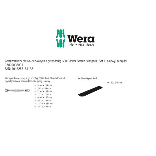 zestaw 8szt. kluczy oczkowo-płaskich odgiętych z grzechotką i przełącznikiem kierunku pracy, calowych, Joker Swich 6001, 2go Wera [05020093001]