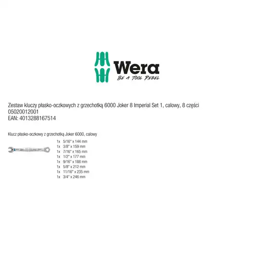 zestaw 8szt. kluczy oczkowo-płaskich z grzechotką, calowych, Joker 6000, 2go Wera [05020012001]