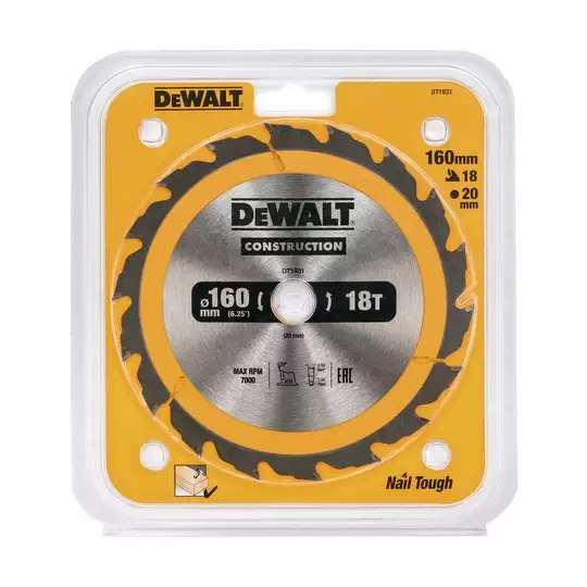 piła tarczowa do cięcia drewna 160/20/2,5mm, 18 zębów, CONSTRUCTION DeWALT [DT1931-QZ]
