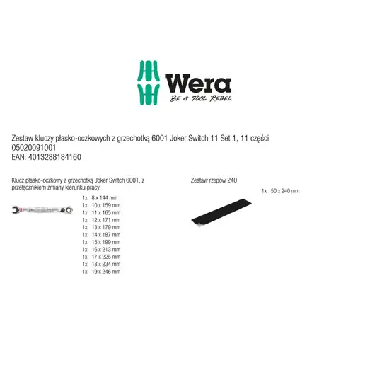 zestaw 11szt. kluczy płasko-oczkowych z odsadzoną grzechotką i z przełącznikiem, Joker 6001 Switch 11 Set 1, 2go Wera [05020091001]