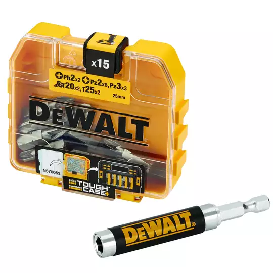 zestaw końcówek PH2, PZ2, PZ3, TX20, TX25 + uchwyt magnetyczny 16 szt., Small Bulk Storage, ToughCase+ Dewalt [DT71511-QZ] 