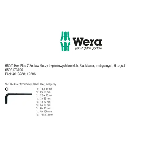 komplet 9szt. kluczy trzpieniowych do śrub imbusowych metrycznych Hex-Plus 1,5-10mm, 950/9 Wera [05021737001]