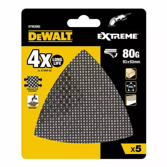 zestaw 5szt. trójkątnych siatek szlifierskich DELTA do drewna, PVC, granulacja 40, 93x93x93mm, DeWalt [DTM8667-QZ] (1)