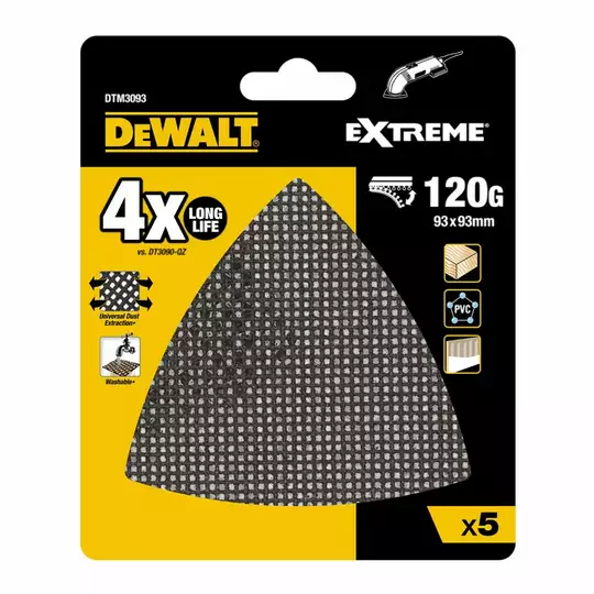 zestaw 5szt. trójkątnych siatek szlifierskich DELTA do drewna, PVC, granulacja 40, 93x93x93mm, DeWalt [DTM8667-QZ] (1)