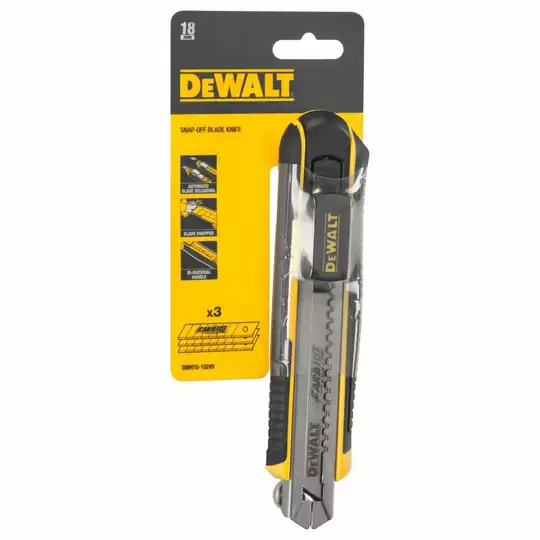 Nóż z chowanym ostrzem łamanym 18 mm DeWalt [DWHT0-10249] + 3 ostrza zapasowe 