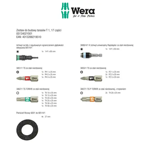 Zestaw narzędzi do montażu desek, budowy tarasów T 1 Wera [05134021001] 21 części