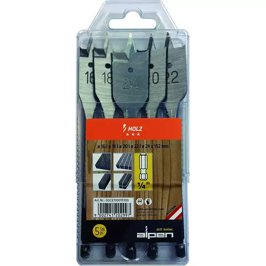 zestaw 5szt. wierteł płaskich do drewna 16,18,20,22,24/152mm, 1/4" Alpen [0023700015100]