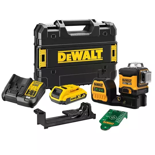 akumulatorowy, samopoziomujący laser 3-wiązkowy 360° z wiązką zieloną do 35m, 12/18V DeWALT [DCE089D1G18-QW] 2,0Ah XR, Li-Ion