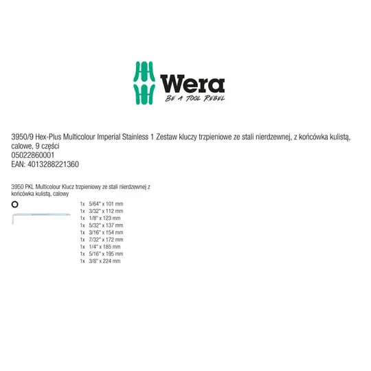komplet 9 kluczy trzpieniowych ze stali nierdzewnej do śrub imbusowych calowy, Hex-Plus Multicolor Imperial Stainless 1 Wera [05022860001]