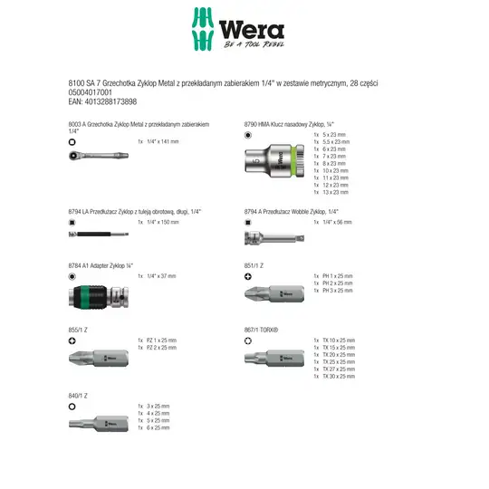 zestaw 28szt. kluczy nasadowych i bitów 1/4" 5-13mm Zyklop Metal 8100 SA 7 Wera [05004017001]