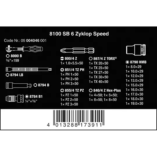 zestaw 29szt. nasadek i końcówek z grzechotką 3/8" Kraftform Kompakt Zyklop Speed 8100 SB 6 WERA [05004046001] metryczny