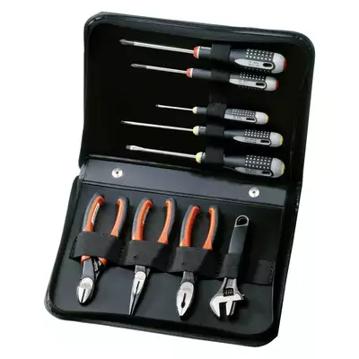 zestaw 9szt:  klucz nastawny 9070 P + szczypce wydłużane 2430G + kombinerki 2628G + obcinaki boczne 2101G + wkrętaki, ERGO, Bahco [9845]