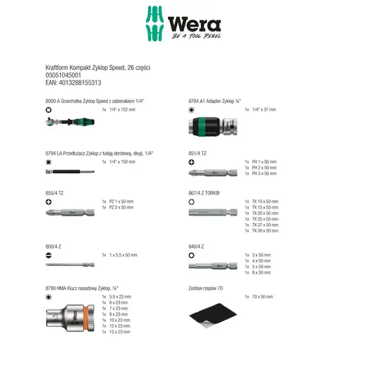 zestaw 26szt. nasadek i końcówek z grzechotką 1/4" Kraftform Kompakt Zyklop Speed WERA [05051045001]