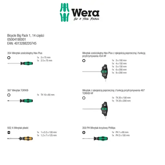 zestaw 14 szt. wkrętaków do prac przy rowerach, Bicycle Big Pack 1, WERA [05004190001]