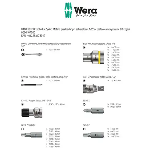 zestaw 28szt. kluczy nasadowych i bitów 1/2" 10-19mm Zyklop Metal 8100 SC 7 Wera [05004077001]