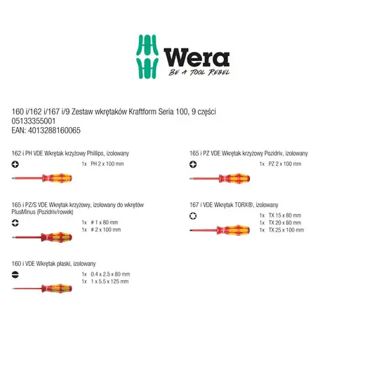 zestaw 9szt. wkrętaków izolowanych do prac pod napięciem Kraftform seria 100, Wera [05133355001]