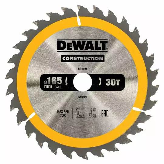 piła tarczowa do cięcia drewna 165/30/2,5mm, 30 zębów, CONSTRUCTION DeWALT [DT1937-QZ] (1)