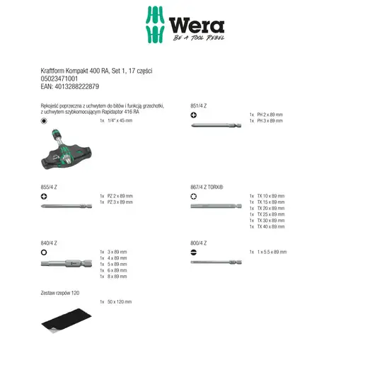 zestaw 16szt. końcówek 1/4" z rękojeścią typu T z funkcją grzechotki, Kraftform Kompakt 400 RA, Set 1 WERA [05023471001] 2go