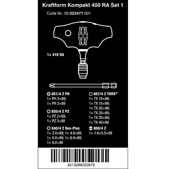 zestaw 16szt. końcówek 1/4" z rękojeścią typu T z funkcją grzechotki, Kraftform Kompakt 400 RA, Set 1 WERA [05023471001] 2go
