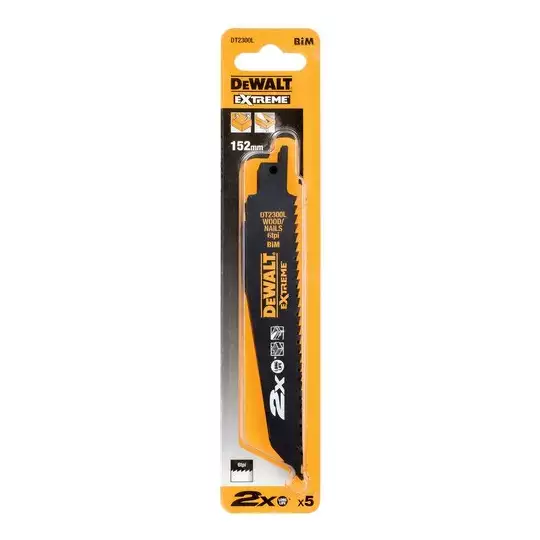 zestaw 5 szt. brzeszczotów bagnetowych BiM do piły szablastej do prac zgrubnych, 6 zębów/cal, długość 152 mm, Dewalt [DT2300L-QZ]