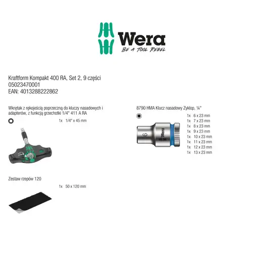 zestaw 8 szt. nasadek 1/4"; 6 do 13mm; z rękojeścią grzechotkową 1/4" Kraftform Kompakt 400RA; opakowanie Wera 3go [05023470001]