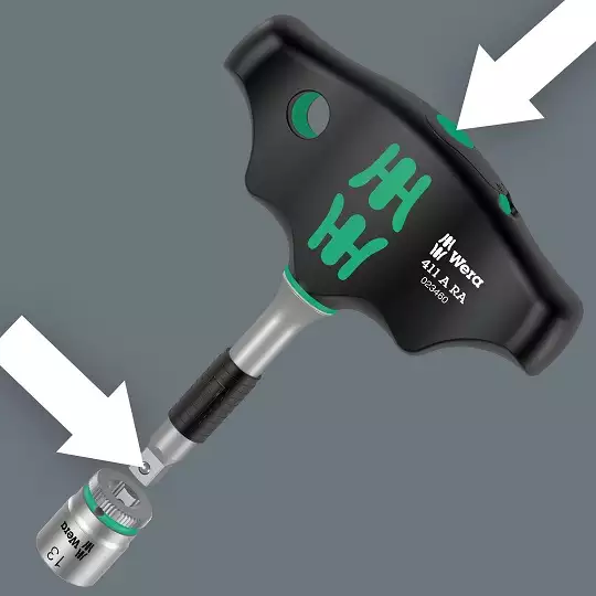 zestaw 8szt. kluczy nasadowych 1/4" z rękojeścią typu T z funkcją grzechotki, Kraftform Kompakt 400 RA, Set 2 WERA [05023470001] 2go