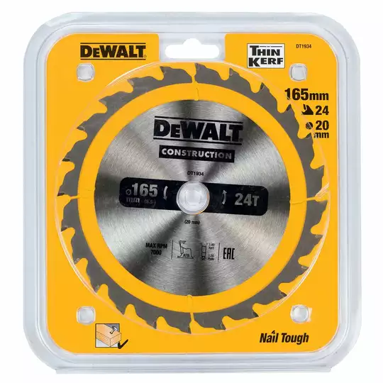 piła tarczowa do cięcia drewna 165/20/1,8mm, 24 zęby, CONSTRUCTION DeWALT [DT1934-QZ]