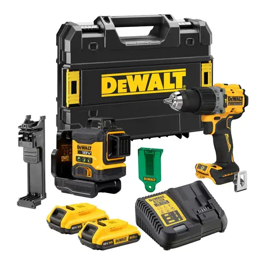 zestaw 2 narzędzi akumulatorowych, wiertarko wkrętarka DCD800 i laser 3-wiązkowy 360° 18V Li-Ion 2x2,0Ah DeWALT [DCK2095D2T-QW] z wiązką zieloną do 40m