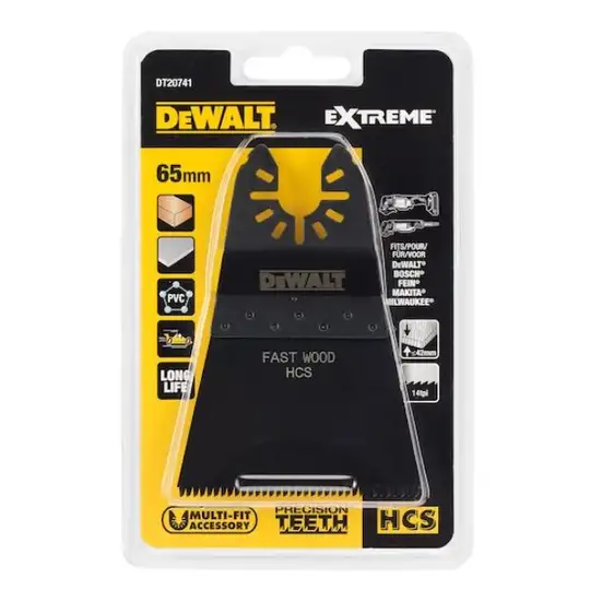 szeroki brzeszczot do narzędzi wielofunkcyjnych, 43x65mm, do cięcia w twardym drewnie, PVC, DeWalt [DT20741-QZ]