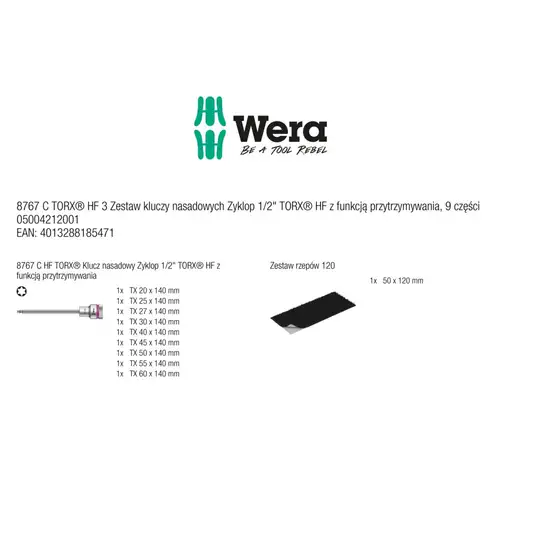 zestaw 9 szt. kluczy nasadowych 1/2" z końcówką TORX, Zyklop 8767 C TORX HF 3, Wera [05004212001] 2go
