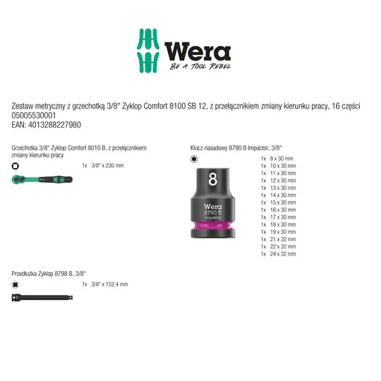 zestaw 16szt. nasadek udarowych z grzechotką 3/8" Zyklop Comfort 8100 SB 12, WERA [05005530001]
