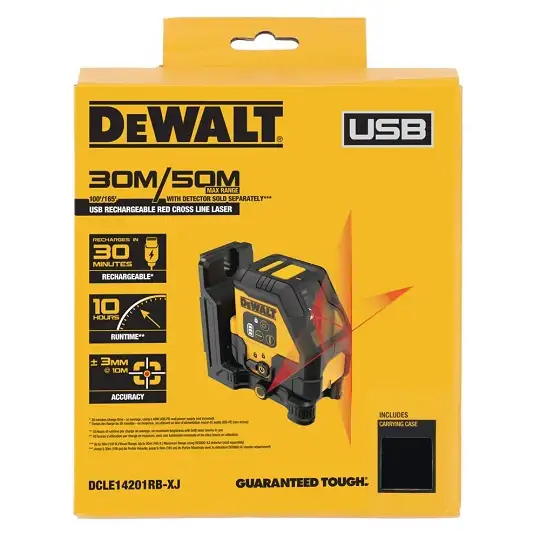 samopoziomujący laser krzyżowy z wiązką czerwoną, zasięg do 30m, 3,6V/1,7Ah, USB, DeWALT [DCLE14201RB-XJ] walizka