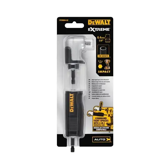 udarowa głowica kątowa 90° z 2-częściową rozkładaną rękojeścią / adapter do nasadek 1/4" z mocowaniem na sześciokąt 1/4", IMPACT EXTREME DeWalt [DT20504-QZ]