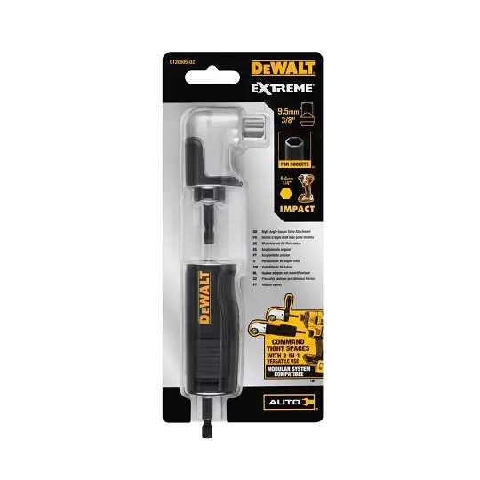 udarowa głowica kątowa 90° z 2-częściową rozkładaną rękojeścią / adapter do nasadek 3/8" z mocowaniem na sześciokąt 1/4", IMPACT EXTREME DeWalt [DT20505-QZ]