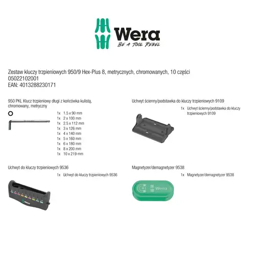 zestaw 9szt. kluczy trzpieniowych z kulką do śrub imbusowych, chromowanych, 950/9 Hex-Plus 8, Wera [05022102001] w uchwycie ze stojakiem