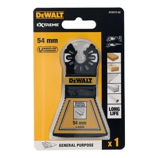 brzeszczot BiM do narzędzi wielofunkcyjnych, 3 krawędzie tnące, 54x38,6mm, EXTREME, DeWalt [DT20773-QZ] do cięcia drewna, drewna z gwoździami, płyt G-K i PVC