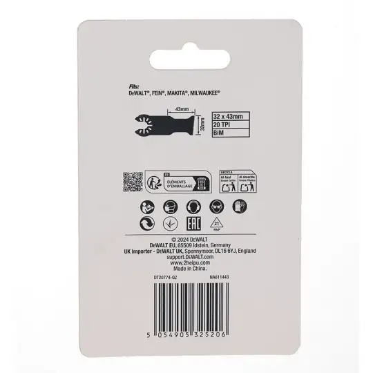 brzeszczot BiM do narzędzi wielofunkcyjnych, 32x43mm, EXTREME, DeWalt [DT20774-QZ] do cięcia drewna, drewna z gwoździami, płyt G-K i PVC