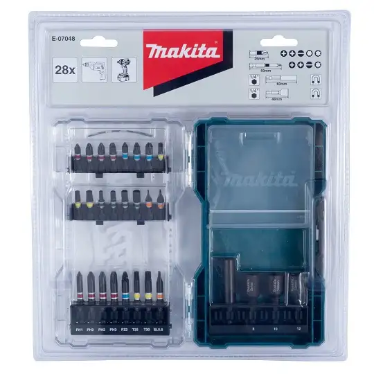 zestaw 28 szt. udarowych końcówek wkrętakowych i nasadowych 1/4", Makita [E-07048]