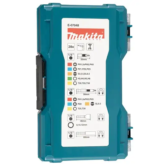 zestaw 28 szt. udarowych końcówek wkrętakowych i nasadowych 1/4", Makita [E-07048]