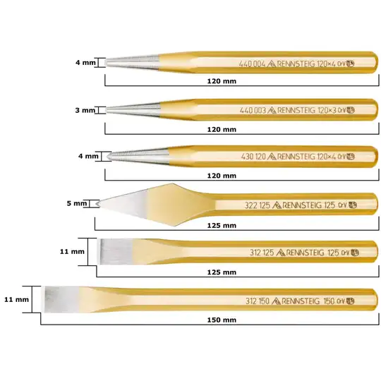 zestaw dłut i przebijaków, 6szt, kaseta metalowa, Rennsteig [9R 421 002 0]