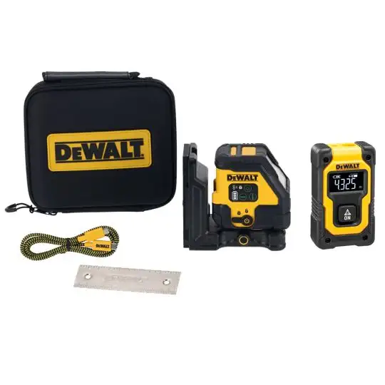 zestaw: laser krzyżowy czerwony 30m, 10,8V/1,7Ah, USB + dalmierz, DeWalt [DCLE14201RB-DW055PL]