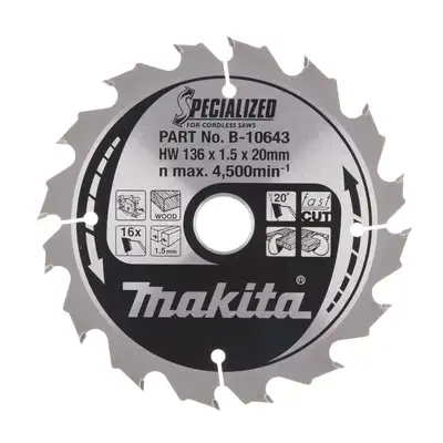 Tarcza tnąca do drewna, 136x20mm, 16 zębów, SPECIALIZED, Makita [B-10643]