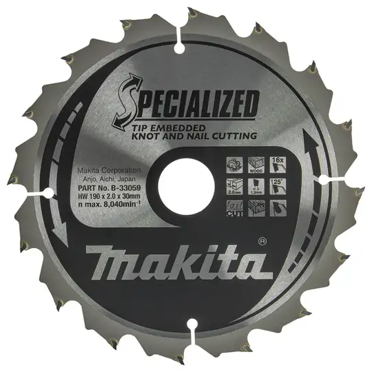 Tarcza tnąca do drewna z gwoździami, 190x30mm, 16 zębów, Specialized, Makita [B-33059]