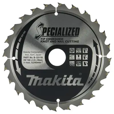 Tarcza tnąca do drewna z gwoździami, 190x30mm, 24 zęby, Specialized, Makita [B-33118]