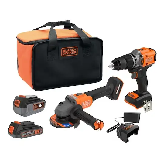 ZESTAW BEZSZCZOTKOWY: wiertarko-wkrętarka udarowa bezszczotkowa 18 V + szlifierka kątowa bezszczotkowa 18 V 115 mm (zawiera akumulatory 2 Ah i 4 Ah, ładowarkę 1 A i torbę transportową) Black + Decker [BCK24D1M1SB-QW]